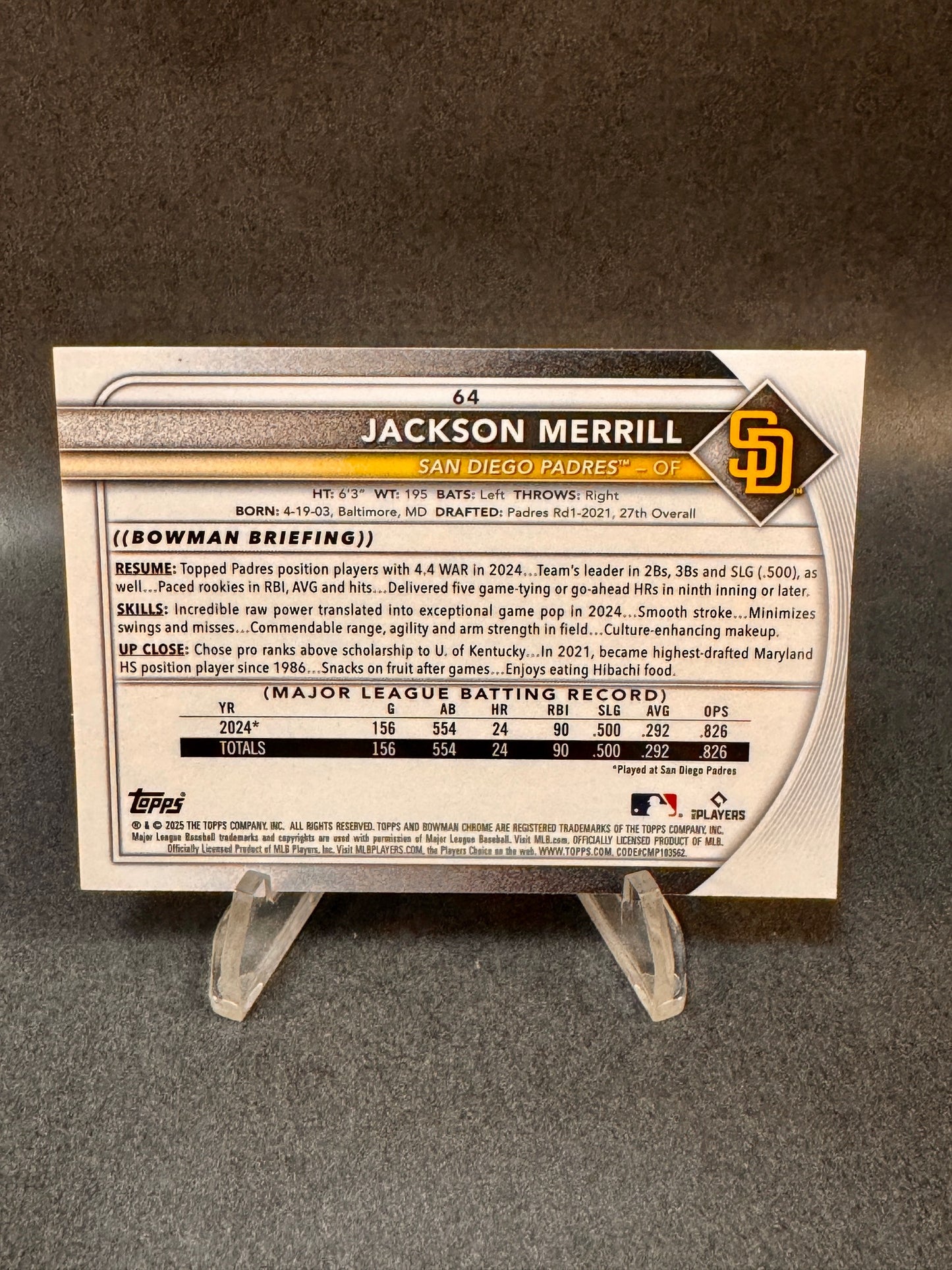 2025 Bowman Chrome 64 Green Mojo /99 Jackson Merrill Rookie Padres