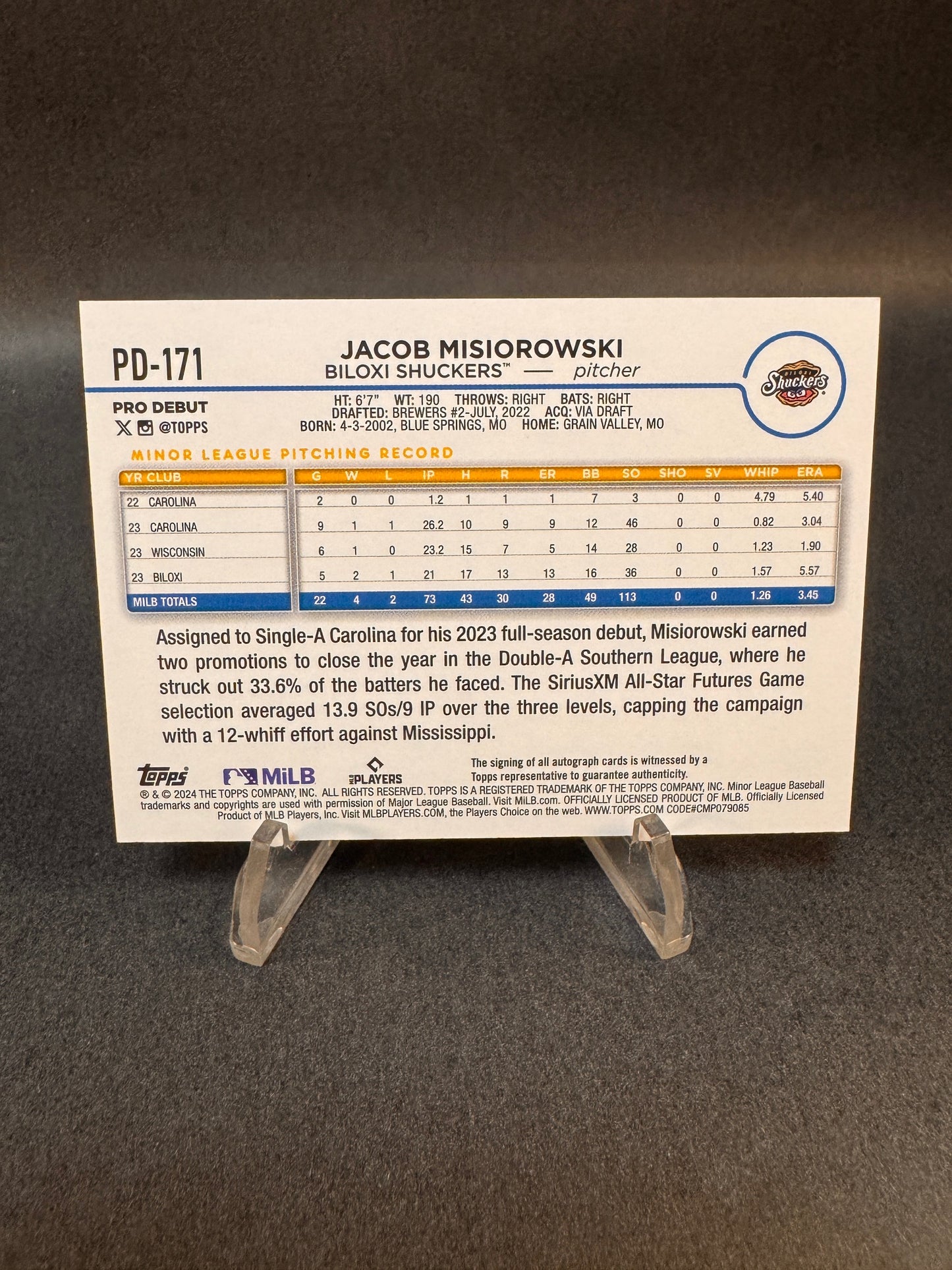 2024 Topps Pro Debut PD-171 Autograph Jacob Misiorowski Shuckers Brewers