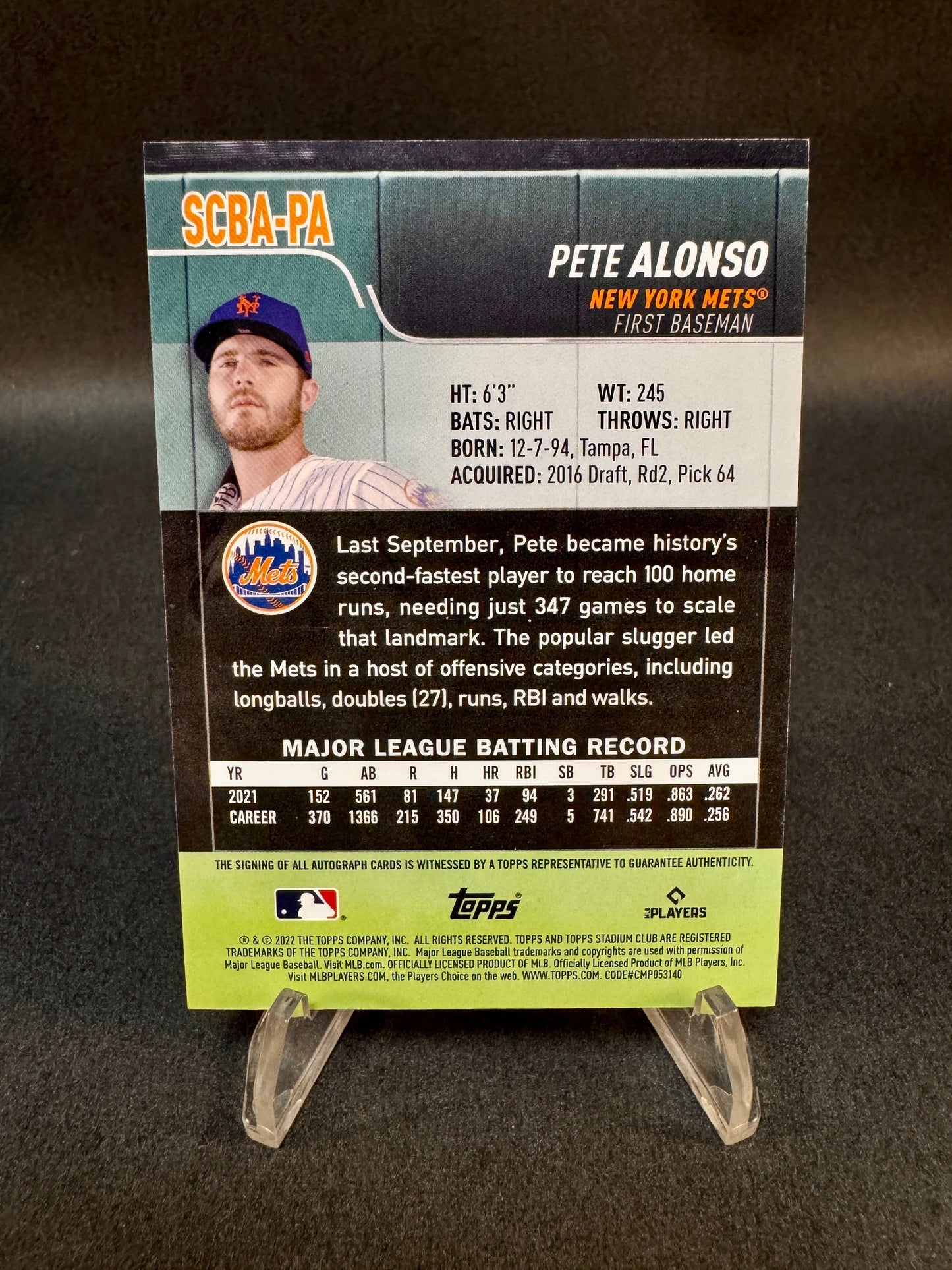 2022 Topps Stadium Club Autograph Pete Alonso New York Mets