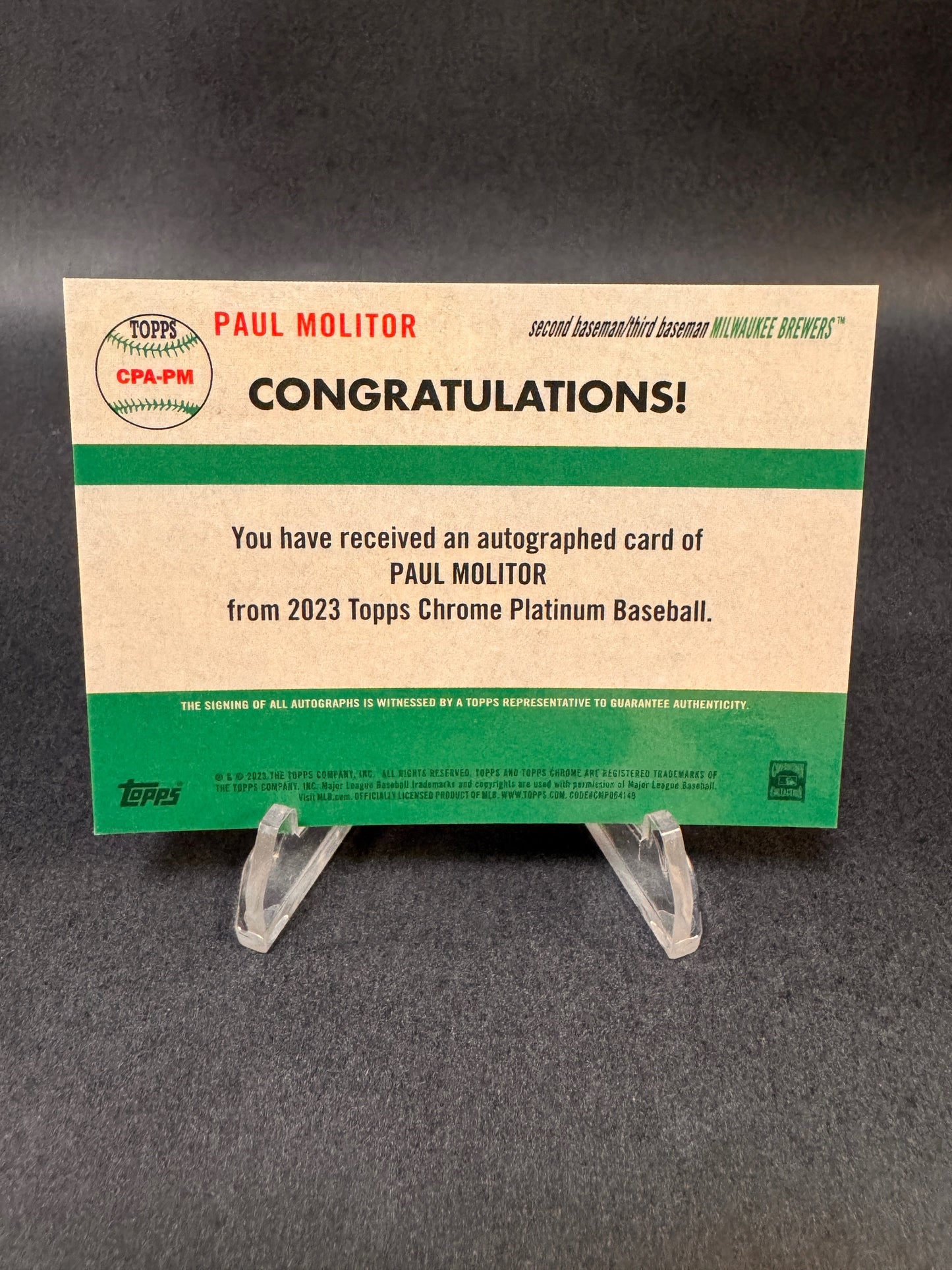 2023 Topps Chrome Platinum CPA-PM Green Refractor /75 Paul Molitor Autograph