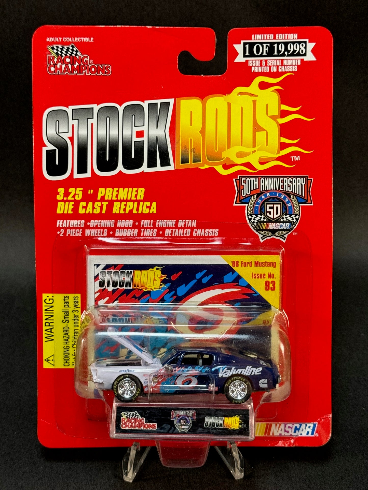 1998 Racing Champions NASCAR Stock Rods #93 '68 Ford Mustang, White and Blue