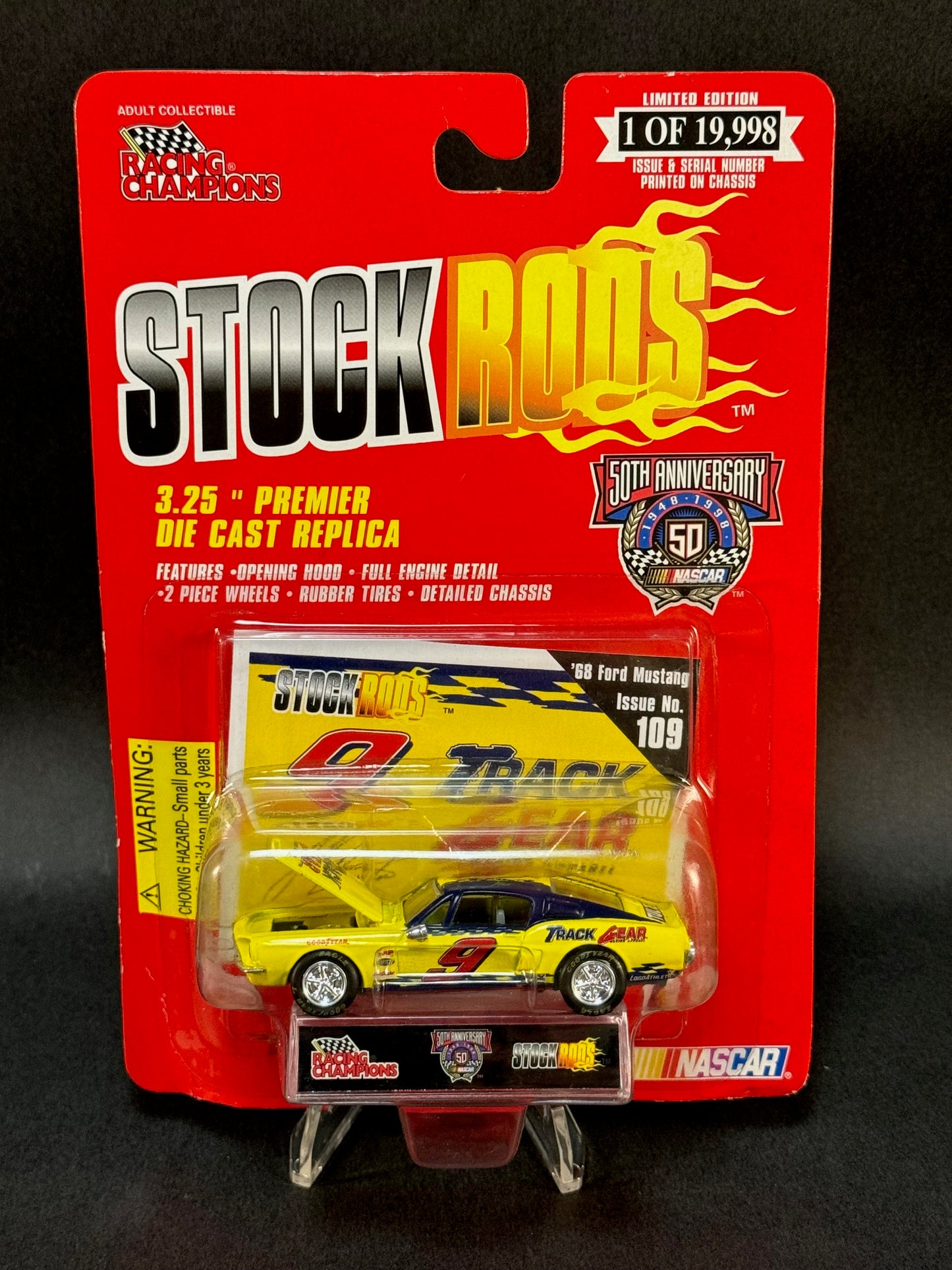 1998 Racing Champions NASCAR Stock Rods #109 '68 Ford Mustang, Yellow