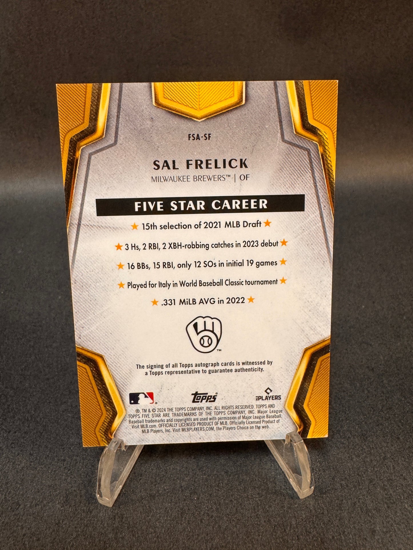 2024 Topps Five Star FSA-SF Aqua /75 Sal Frelick Rookie RC Autograph Brewers